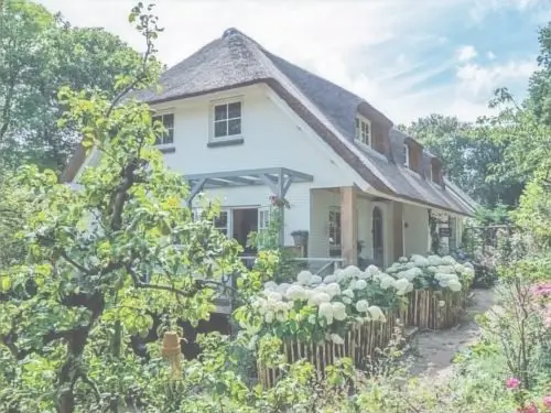 Witte vrijstaande woning met tuin en hortensia's